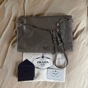 Prada-  Shoulder Bag Clutch with Silver Chain Strap - Grey Calfskin Leather